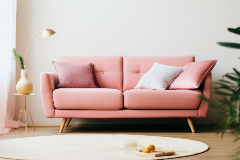 pink couch with magnolia colour in living room