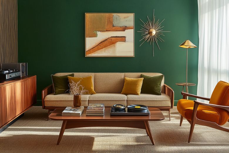 green walls with taupe brown carpet and rug