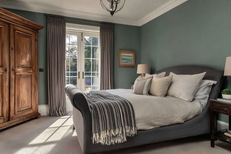 bedroom with green walls with dark grey curtains