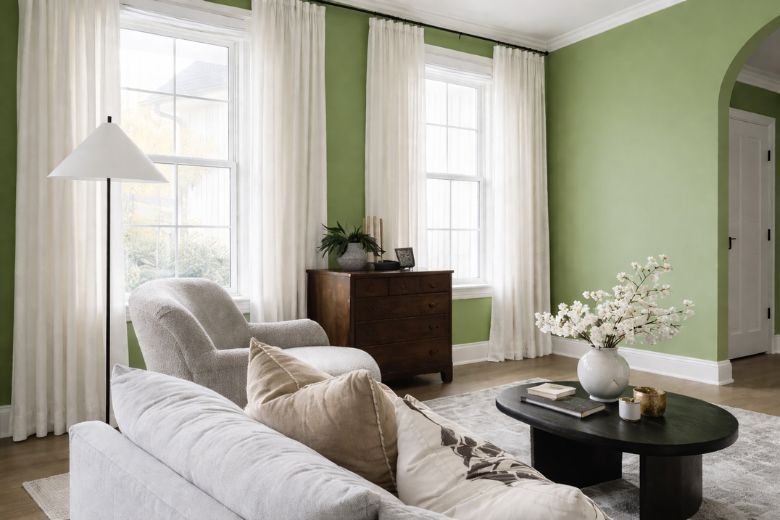 green walls and cream ivory curtains
