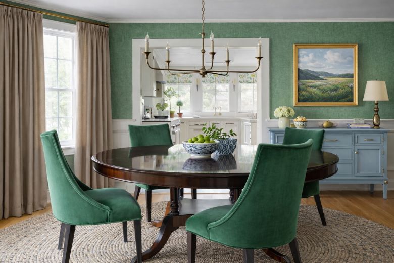 green walls and taupe curtains