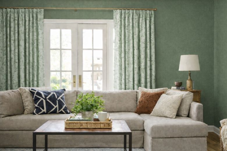 green walls with green pattern curtains