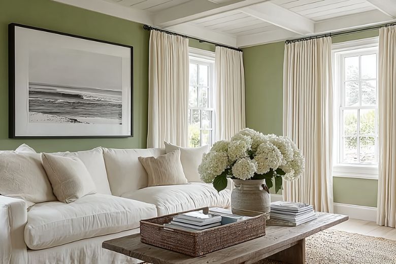 green walls with linen white curtains