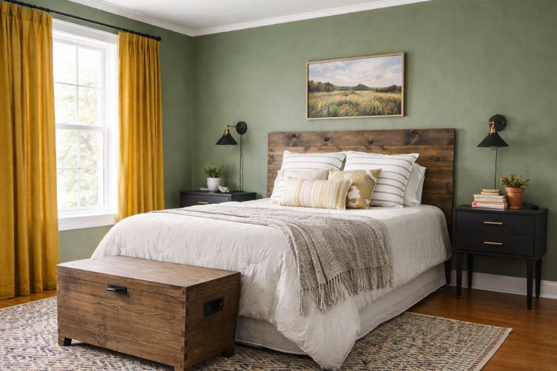 green walls with mustard ochre curtains