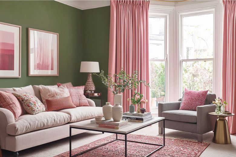 green walls with pink curtains