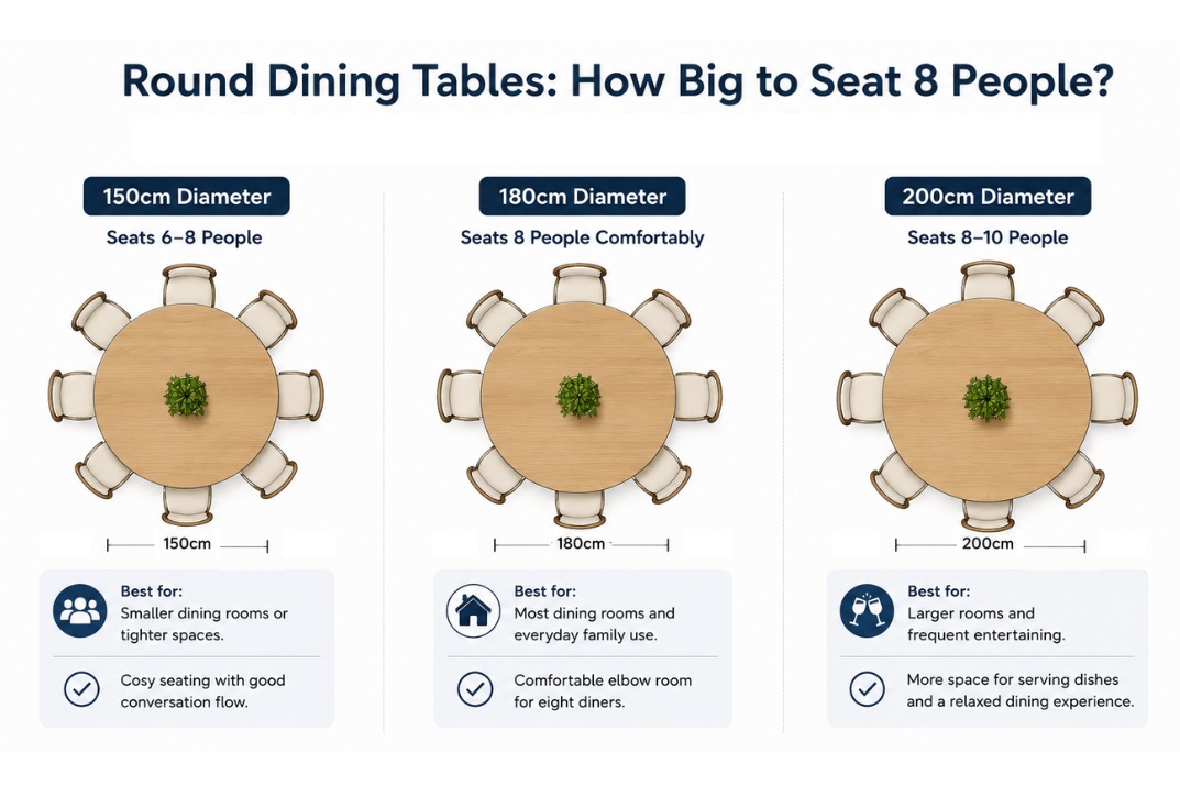 Round dining table sizes for 8 people showing 150cm 180cm and 200cm diameters